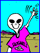 Cartoon of alien wearing a Roswell T-shirt, waving to viewer, against a desert landscape