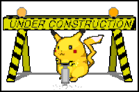 Pikachu working a jackhammer in front of a black-and-yellow hazard saw horse with the words under construction