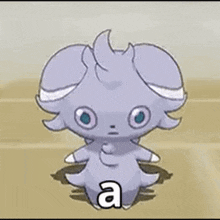 Gif of Pokemon video game. Espurr opens mouth with the caption: a.