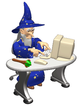 3D animation of a stereotypical wizard in robe and conical hat, working on a computer with CRT monitor. His wand is sat on the desk beside his keyboard and mouse.